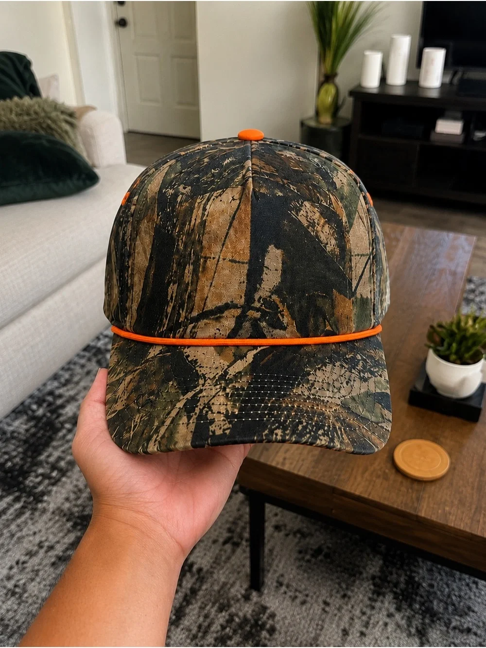 Camo Rope Detail Hunting Cap in Green & Brown with Orange Accents